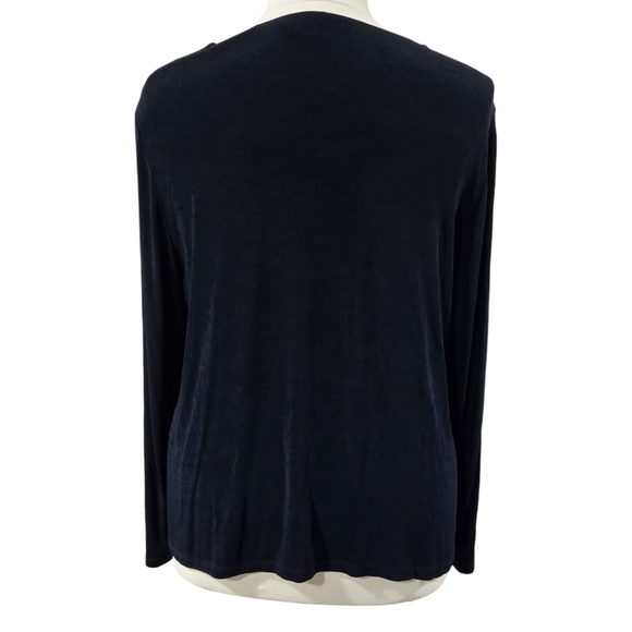 Chico's Travelers Dark Navy Blue Slinky Knit Pleated Scoop Neck Blouse Stretch - Picture 2 of 8